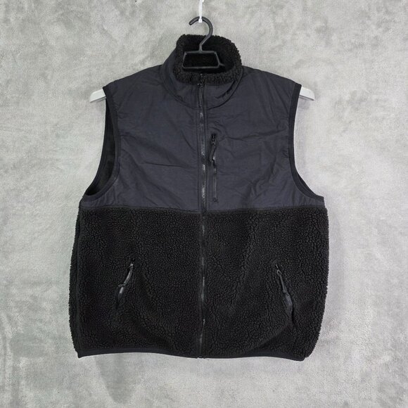 Mens J.Crew Black Sherpa Fleece & Nylon Vest Zippered Pockets Mock Neck XXL - Picture 2 of 8